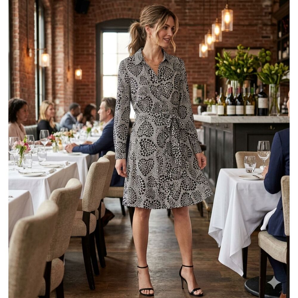 Chicos Date Night AOP Hearts Black White Button Front Belted Sz M Dress Sz 8-10